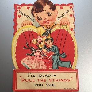 Vintage Valentine 1940’s Fold Out Card I’ll Gladly Pull the Strings